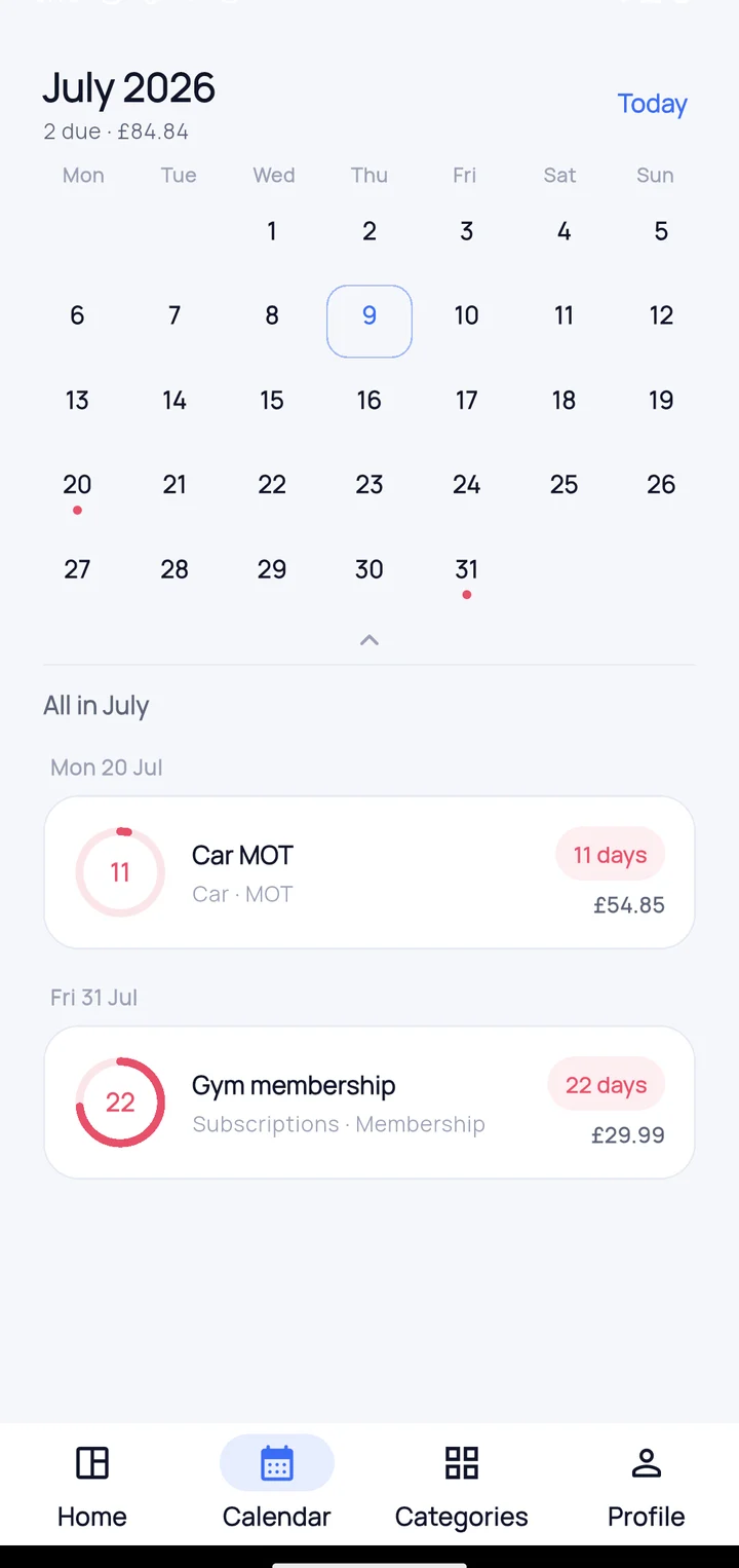 Calendar screen with monthly agenda