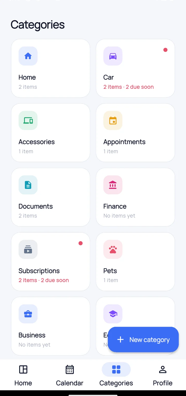 Categories screen with tile grid