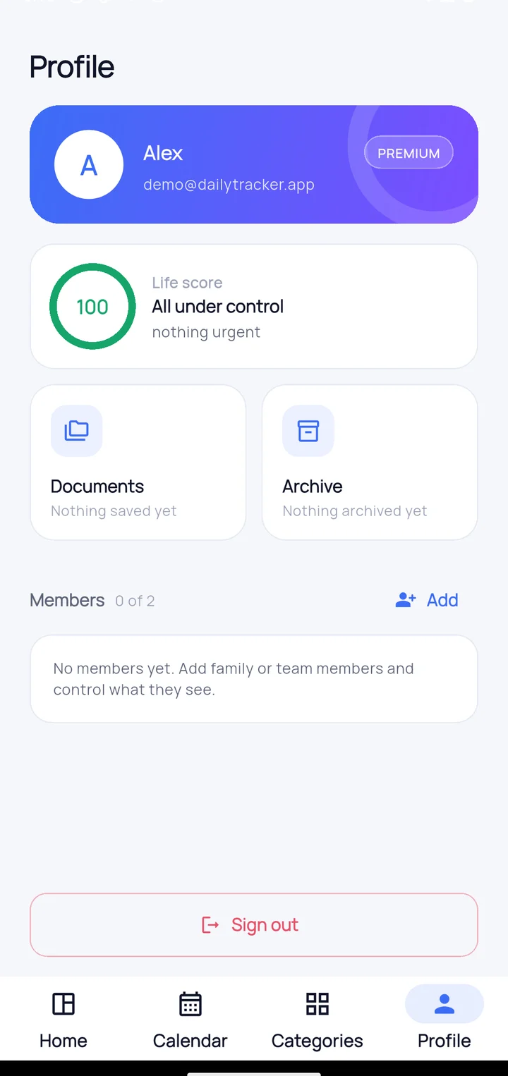 Profile screen with life score and vault